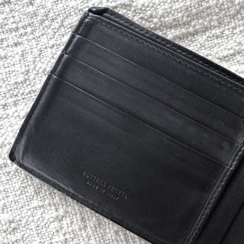 Bottega Veneta Intrecciato‎ Leather Men's Bi Fold Wallet Black Made in Italy - Picture 4 of 6